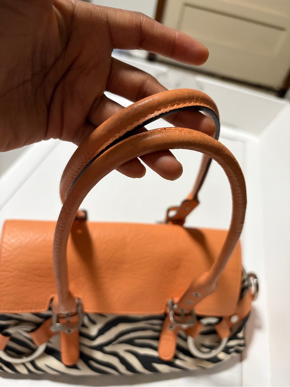 Adrienne Vittadini Orange and Black Zebra-Print Satchel - Picture 5 of 7